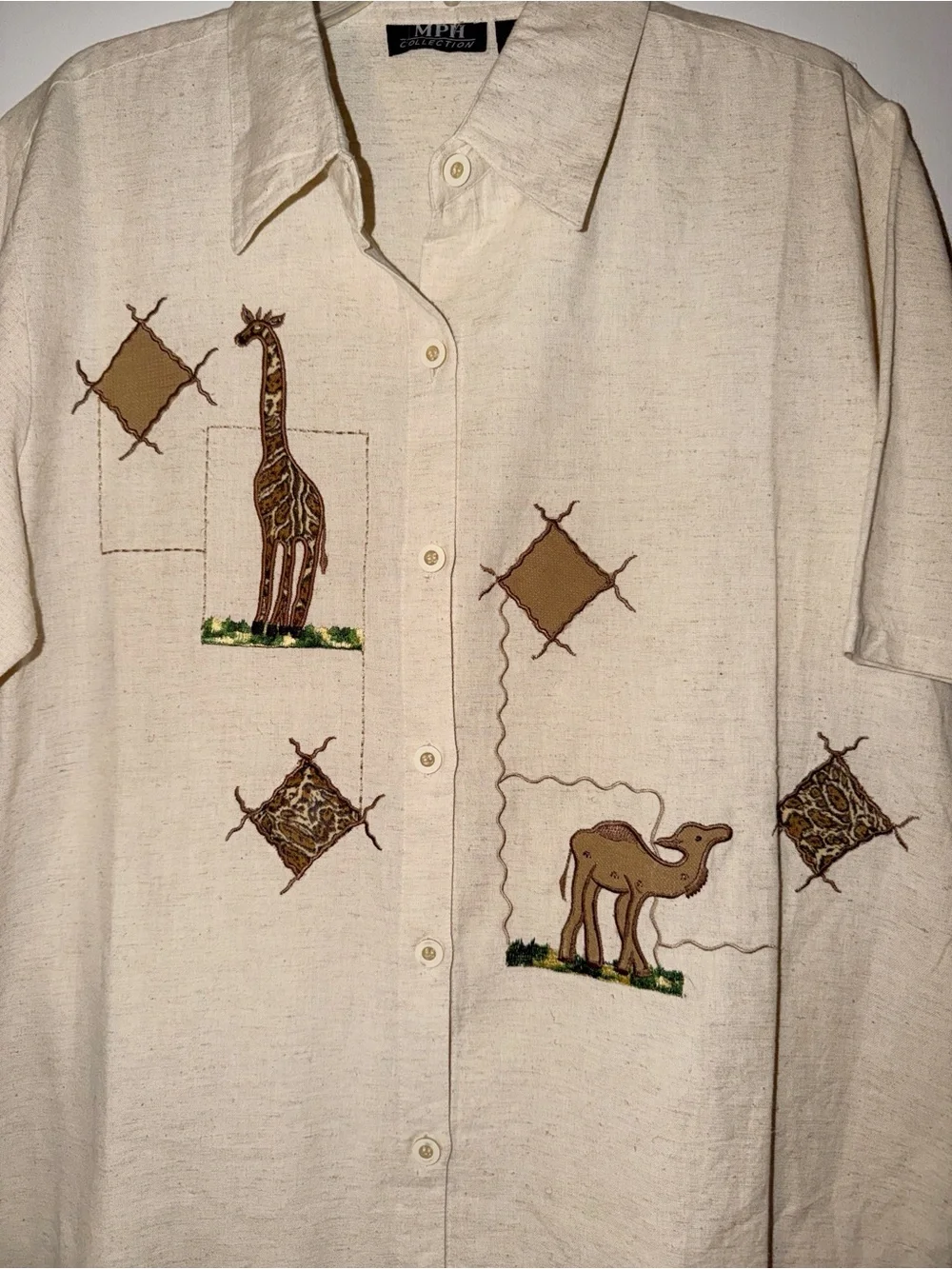 Beige Linen/Cotton Embroidered Safari Short-Sleeve Shirt - MPH COLLECTION